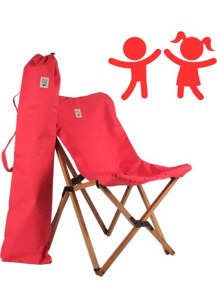 KIDS Ahşap Katlanır Kamp & Bahçe Sandalyesi – Kahverengi Iskelet - Kırmızı Kılıf