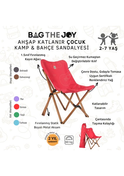 KIDS Ahşap Katlanır Kamp & Bahçe Sandalyesi – Kahverengi Iskelet - Kırmızı Kılıf fırsatları