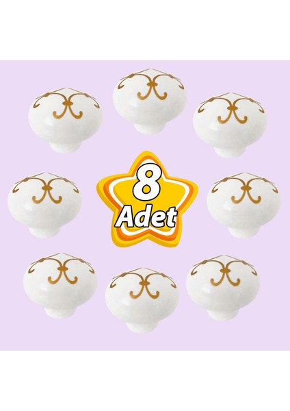 8 Adet Defne Altın Çizgili Beyaz Polimer Düğme Kulp Mantar Mobilya Mutfak Dolabı Çekmece Kulbu Kulpları