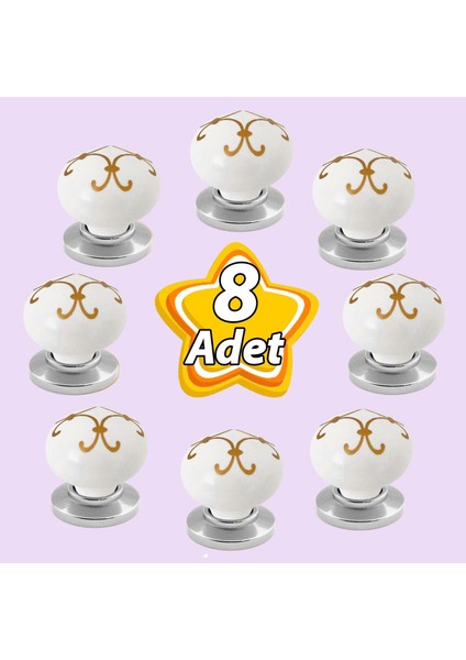 8 Adet Defne Altın Çizgili Beyaz Polimer Düğme Kulp Krom Tablalı Mobilya Mutfak Dolabı Çekmece Kulbu Kulpları