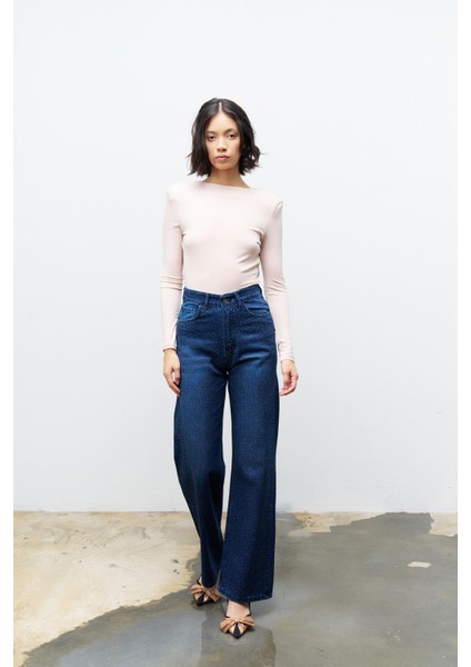 Koyu Mavi %100 Pamuk Önü Komple Taş Detaylı Denim