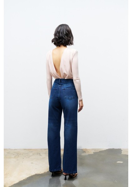 Koyu Mavi %100 Pamuk Önü Komple Taş Detaylı Denim