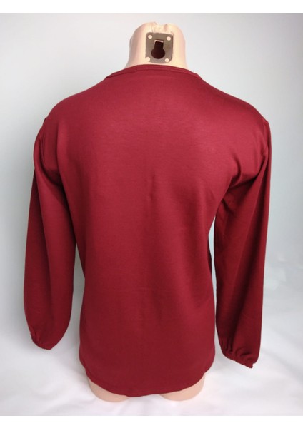 Kadın Bordo Bisiklet Yaka Düğmeli Yırtmaçlı Uzun Kollu Bilek Lastikli Iki Iplik Bluz Tişört fiyatları