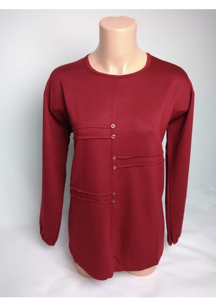 Kadın Bordo Bisiklet Yaka Düğmeli Yırtmaçlı Uzun Kollu Bilek Lastikli Iki Iplik Bluz Tişört modelleri