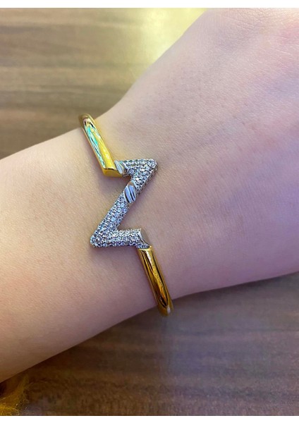 Kadın Gold Renk Taşlı Zikzak Model Çelik Bilezik modelleri