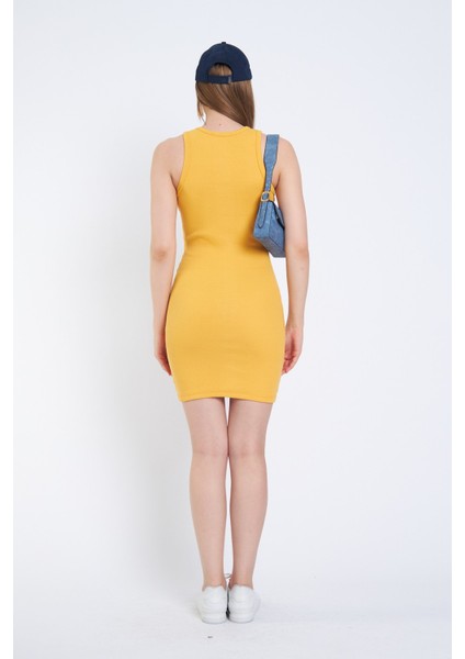 Halter Yaka Likralı Kaşkorse Mini Sarı Elbise fiyatları