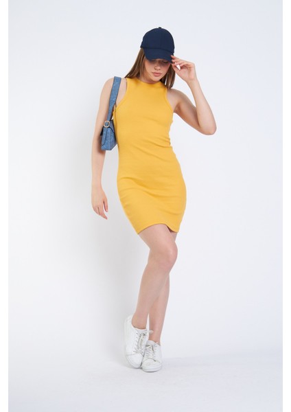 Halter Yaka Likralı Kaşkorse Mini Sarı Elbise modelleri