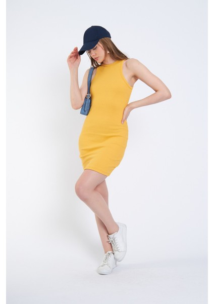 Halter Yaka Likralı Kaşkorse Mini Sarı Elbise fırsatları