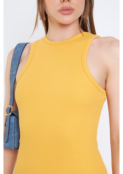 Halter Yaka Likralı Kaşkorse Mini Sarı Elbise indirimleri
