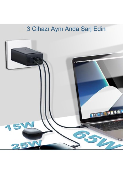 65W 2 PD - QC 3.0 3 Bağlantı Noktalı Usb-C Duvar Şarj Cihazı Süper Hızlı Şarj Cihazı Hızlı Adaptör