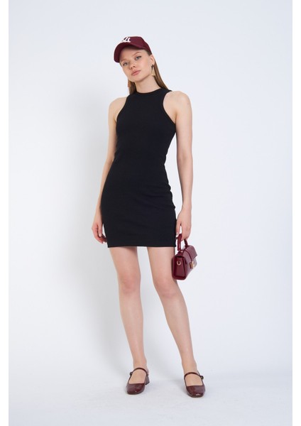 Halter Yaka Likralı Kaşkorse Mini Siyah Elbise