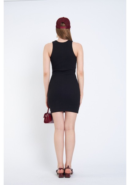 Halter Yaka Likralı Kaşkorse Mini Siyah Elbise