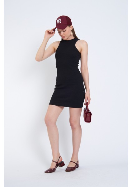 Halter Yaka Likralı Kaşkorse Mini Siyah Elbise