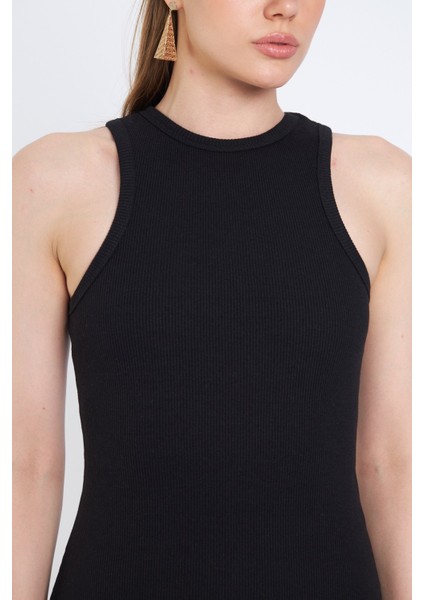 Halter Yaka Likralı Kaşkorse Mini Siyah Elbise