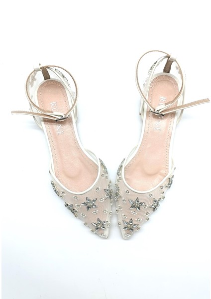 Flora Taş Işleme Detaylı Düz Bilekten Bantlı Sivri Burun 2 cm Topuklu Gelin Ayakkabısı indirimleri