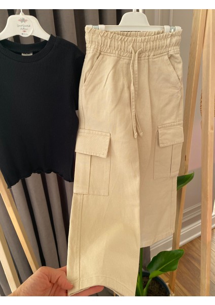 Babyaden Kanvas Kargo Cepli Boru Paça Jean Pantolon Siyah Dar Fitilli Üst Kız Çocuk Takım fırsatları