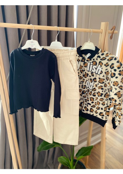 Babyaden Kanvas Kargo Cepli Boru Paça Jean Pantolon Siyah Dar Fitilli Üst Kız Çocuk Takım