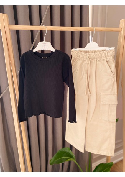 Babyaden Kanvas Kargo Cepli Boru Paça Jean Pantolon Siyah Dar Fitilli Üst Kız Çocuk Takım indirimleri