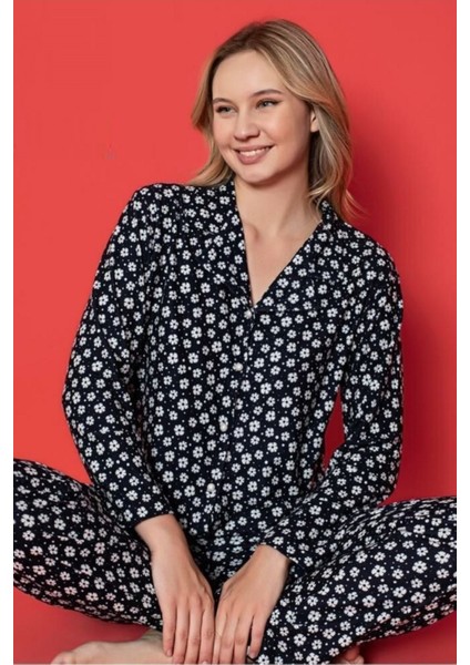 Kadın Pijama Takımı Süet Uzun Kollu Önden Düğmeli
