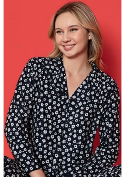 Kadın Pijama Takımı Süet Uzun Kollu Önden Düğmeli