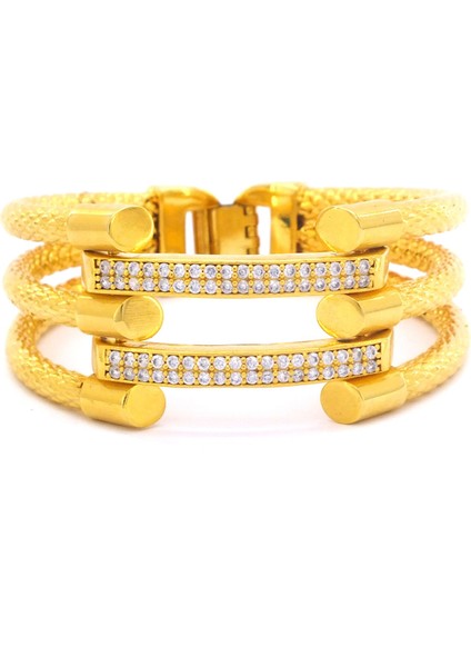 22 Ayar Altın Kaplama 3 Kollu 2 Sıra Zirkon Kaburga Bilezik KB-117