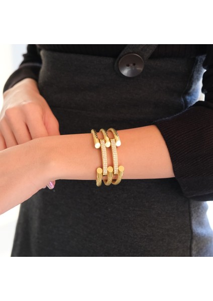 22 Ayar Altın Kaplama 3 Kollu 2 Sıra Zirkon Kaburga Bilezik KB-117 fiyatları