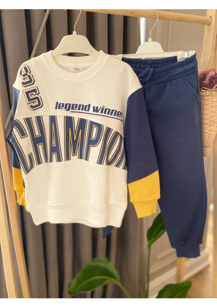 Babyaden Yazı Baskılı Sarı Lacivert Çift Cepli Jogger Rahat Erkek Çocuk Okul Eşofman Takımı