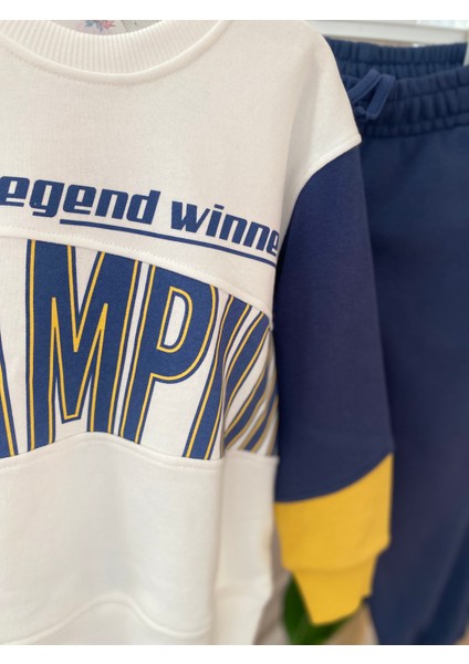 Babyaden Yazı Baskılı Sarı Lacivert Çift Cepli Jogger Rahat Erkek Çocuk Okul Eşofman Takımı modelleri