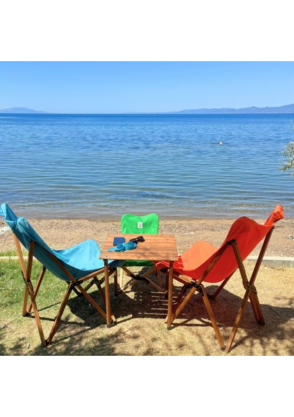 KIDS Ahşap Katlanır Kamp & Bahçe Sandalyesi – Kahverengi Iskelet - Yeşil Kılıf