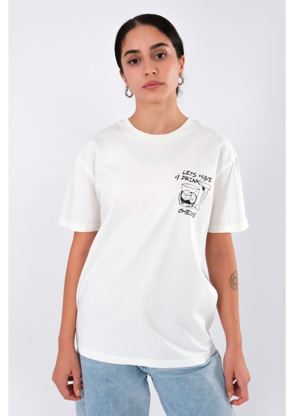 Cheers Relaxed Fit Kadın T-Shirt Ekru modelleri