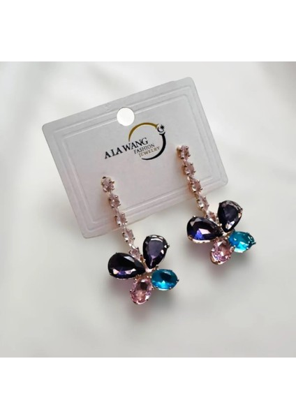 Pastel Gökkuşağı Zirkon Taşlı Şık Küpe 4 Cm.