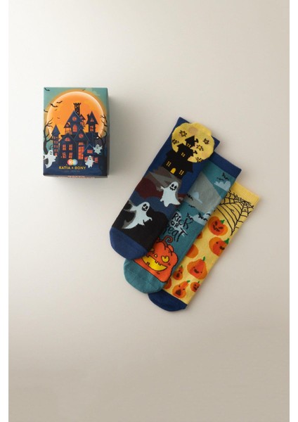 Unisex Halloween Desenli 3'lü Kutulu Soket Çorap