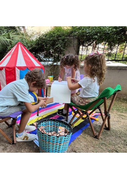 KIDS Ahşap Katlanır Kamp & Bahçe Sandalyesi – Antrasit Iskelet - Yeşil Kılıf