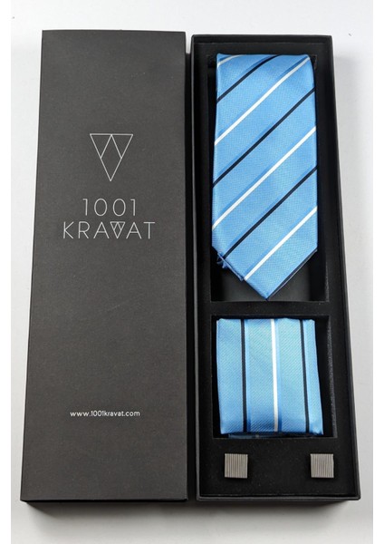 Mendilli Klasik Çizgi Desenli Kravat ve Metal Kol Düğmeli Erkek Hediye Seti