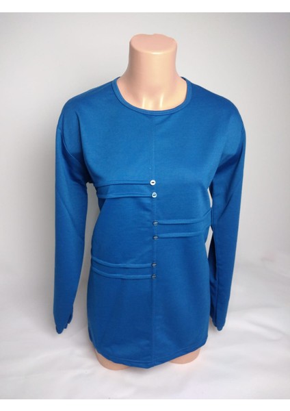 Kadın Indigo Bisiklet Yaka Düğmeli Yırtmaçlı Uzun Kollu Bilek Lastikli Iki Iplik Bluz Tişört