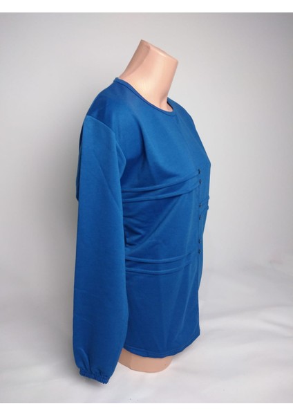 Kadın Indigo Bisiklet Yaka Düğmeli Yırtmaçlı Uzun Kollu Bilek Lastikli Iki Iplik Bluz Tişört modelleri