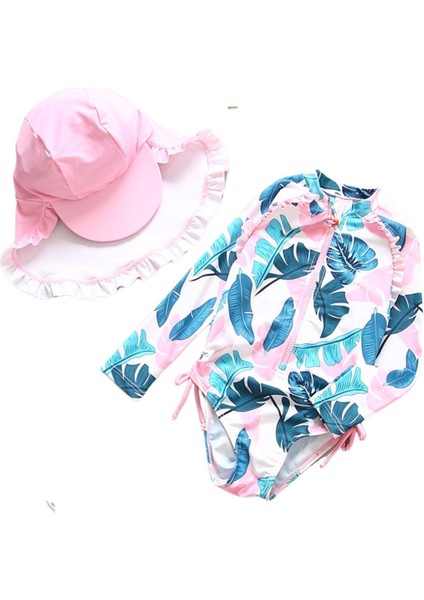 UPF50+ Kız Çocuk Mayo Beyaz Pembe Yeşil Yaprak Desen Kolay Giyilen Cool Mayo Şapka Set