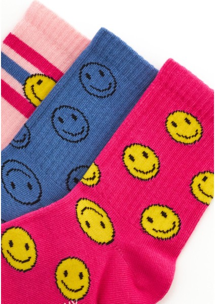 Kız Çocuk Renkli Gülen Surat Detaylı 3'lü Soket Çorap Fuşya-Mavi-Pembe fiyatları