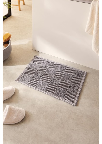 Yıkanabilir Pamuklu Gri Renk Dama Desen Banyo Paspası 40 x 60 cm