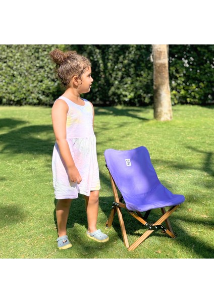 KIDS Ahşap Katlanır Kamp & Bahçe Sandalyesi – Kahverengi Iskelet - Mor Kılıf