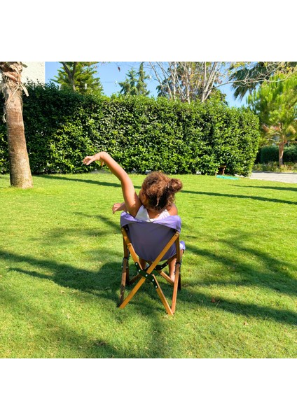 KIDS Ahşap Katlanır Kamp & Bahçe Sandalyesi – Kahverengi Iskelet - Mor Kılıf