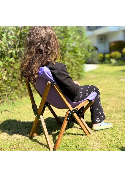 KIDS Ahşap Katlanır Kamp & Bahçe Sandalyesi – Kahverengi Iskelet - Mor Kılıf