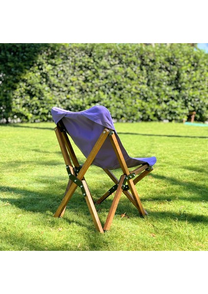 KIDS Ahşap Katlanır Kamp & Bahçe Sandalyesi – Kahverengi Iskelet - Mor Kılıf