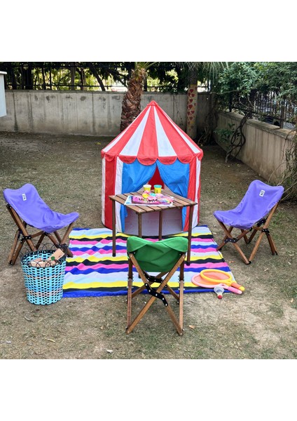 KIDS Ahşap Katlanır Kamp & Bahçe Sandalyesi – Kahverengi Iskelet - Mor Kılıf