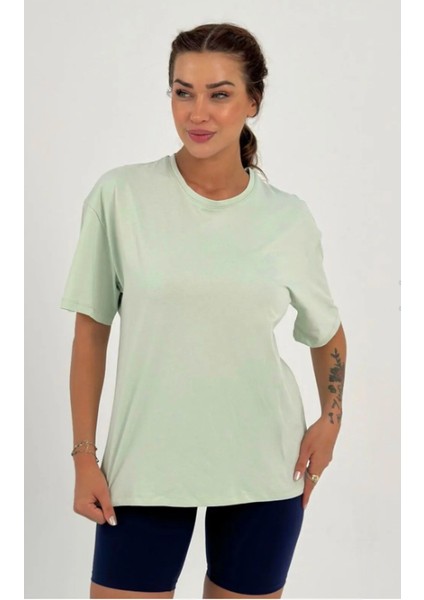 Kadın Su Yeşil Baskısız Basic Pamuklu Oversize T-Shirt