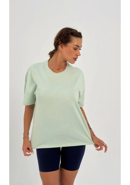Kadın Su Yeşil Baskısız Basic Pamuklu Oversize T-Shirt fiyatları