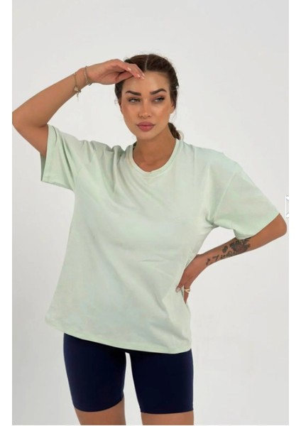 Kadın Su Yeşil Baskısız Basic Pamuklu Oversize T-Shirt fırsatları