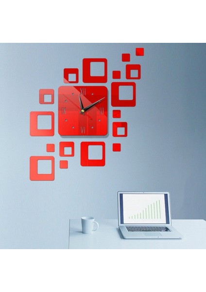 Dekoratif Aynalar 3D Stereo Saat Akrilik Ayna Saat Bloğu Kırmızı (Yurt Dışından)