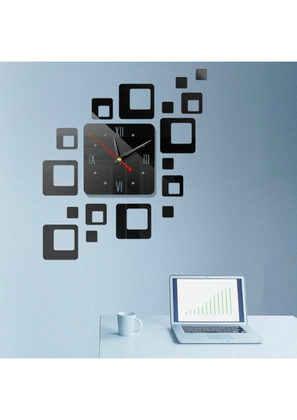 Dekoratif Aynalar 3D Stereo Saat Akrilik Ayna Saat Bloğu Siyah (Yurt Dışından)