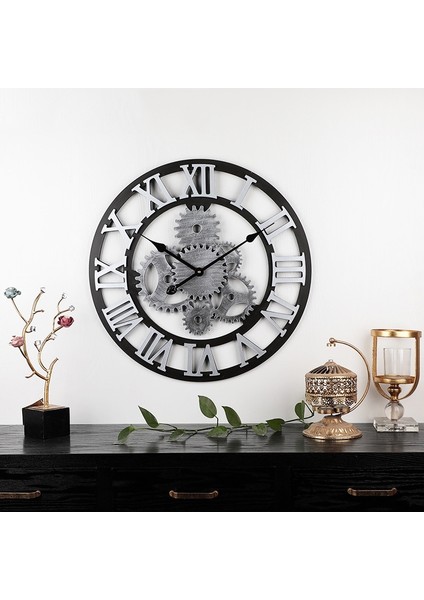 Ahşap Sessiz Duvar Saati Roma Numaralı 58CM 6 Vites Gümüş Çok Renkli (Yurt Dışından)